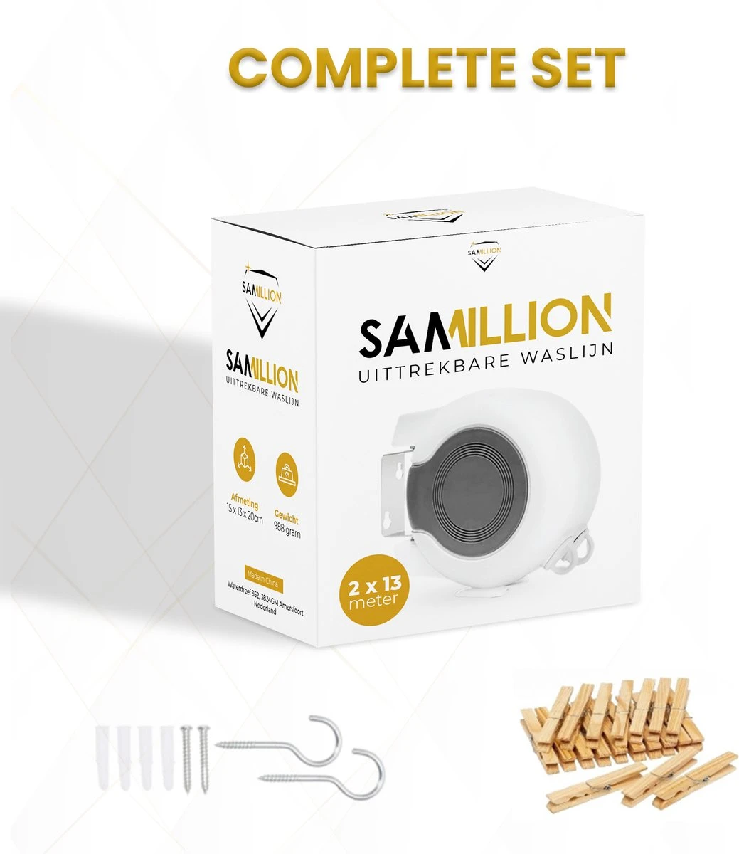 Samillion Duurzame Waslijn Uittrekbaar 2x13 Meter - Gratis Wasknijpers - Waslijndraad - Roldrooglijn - Drooglijn Oprolbaar - Automatische Waslijn - Wanddroogrek - Wanddroogrek - Droogrek 7 Samillion Duurzame Waslijn Uittrekbaar 2x13 Meter - Gratis Wasknijpers - Waslijndraad - Roldrooglijn - Drooglijn Oprolbaar - Automatische Waslijn - Wanddroogrek - Wanddroogrek - Droogrek - Afbeelding 7