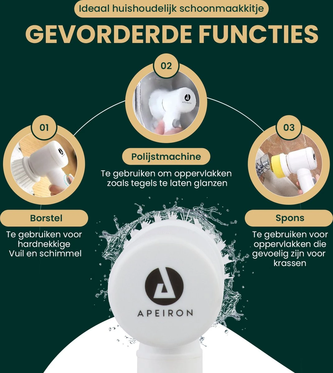 Apeiron Elektrische Schoonmaakborstel - Poetsmachine - Poliermachine - Schrobborstel - Handborstel - Werkborstel - Schrobber - Boorborstel - Wasborstel - Schoonmaakmiddelen - Reinigingsborstel - 3 Opzetstukken 2 Apeiron Elektrische Schoonmaakborstel - Poetsmachine - Poliermachine - Schrobborstel - Handborstel - Werkborstel - Schrobber - Boorborstel - Wasborstel - Schoonmaakmiddelen - Reinigingsborstel - 3 Opzetstukken - Afbeelding 2