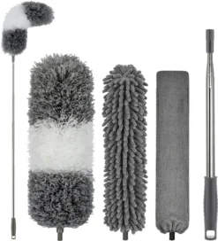 Novabeau® - Telescopische Plumeau – Plumeau Met Telescoopsteel – Ragebol – Uitschuifbaar – Grijs – 3-delige Set