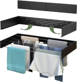 Noswo Droogrek Inklapbaar - Wanddroogrek - Wasrek Hangend - Uitklapbaar - Muur - Ophangbaar - 4m Drooglengte - Zwart