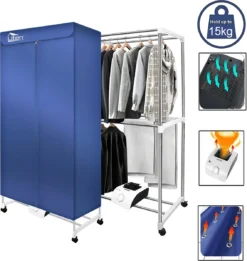 Uten - Draagbare Elektrische Wasdroger - Instorten Warme Luchtdroger - Dubbele Roestvrij Staal - 1000W - Grote Capaciteit 15 Kg - Met Timer 180 Min - 6 Versnellingen，stil - Multifunctioneel: Droger, Kast, Wasrek Blauw[Energieklasse A+++]
