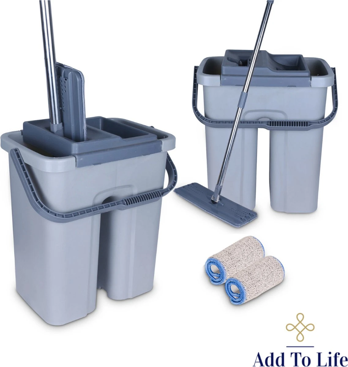 Add To Life Dweilsysteem Vloerwisser - Mop - Self-wash- En Droogsysteem - 2 Stuks Absorberende Pads - Met Emmer - Grijs 1 Add To Life Dweilsysteem Vloerwisser - Mop - Self-wash- En Droogsysteem - 2 Stuks Absorberende Pads - Met Emmer - Grijs
