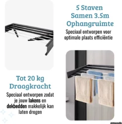 Mmoods Wasrek Opvouwbaar - Handdoekhouder Keuken Zwart - Droogrek RVS Inklapbaar 3.5m -Schoonmaakmiddelen 1171x1200 3