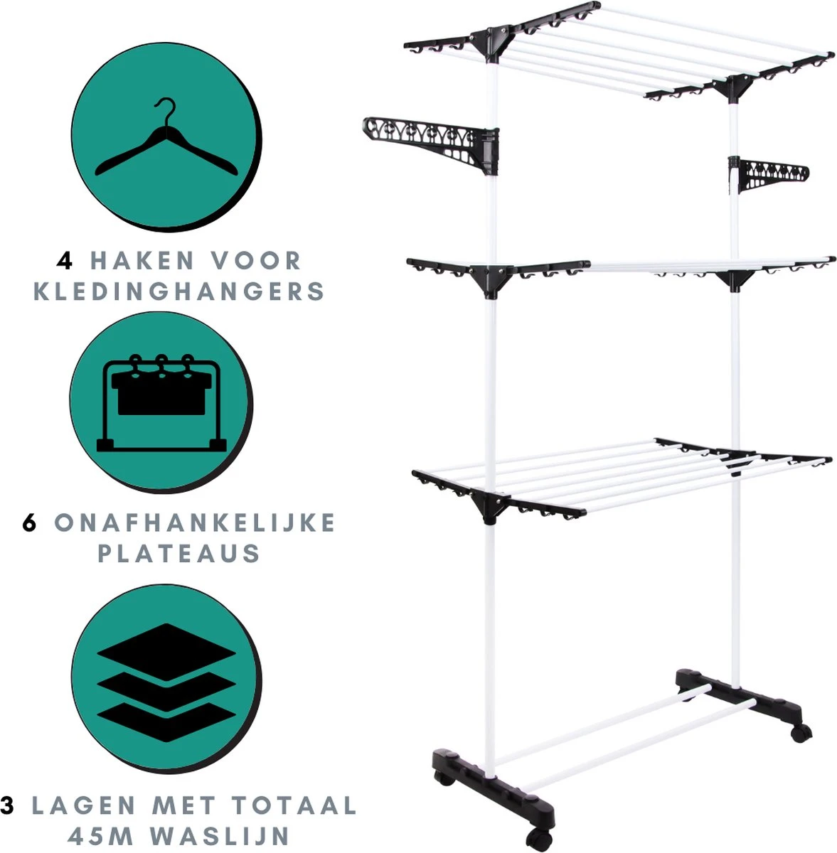 Niceey Droogtoren - 45m Drooglengte - Op Wieltjes - Wasrek - Droogrek Inklapbaar - Voor Alle Soorten Ruimtes - Verstelbaar - Wit 6 Niceey Droogtoren - 45m Drooglengte - Op Wieltjes - Wasrek - Droogrek Inklapbaar - Voor Alle Soorten Ruimtes - Verstelbaar - Wit - Afbeelding 6