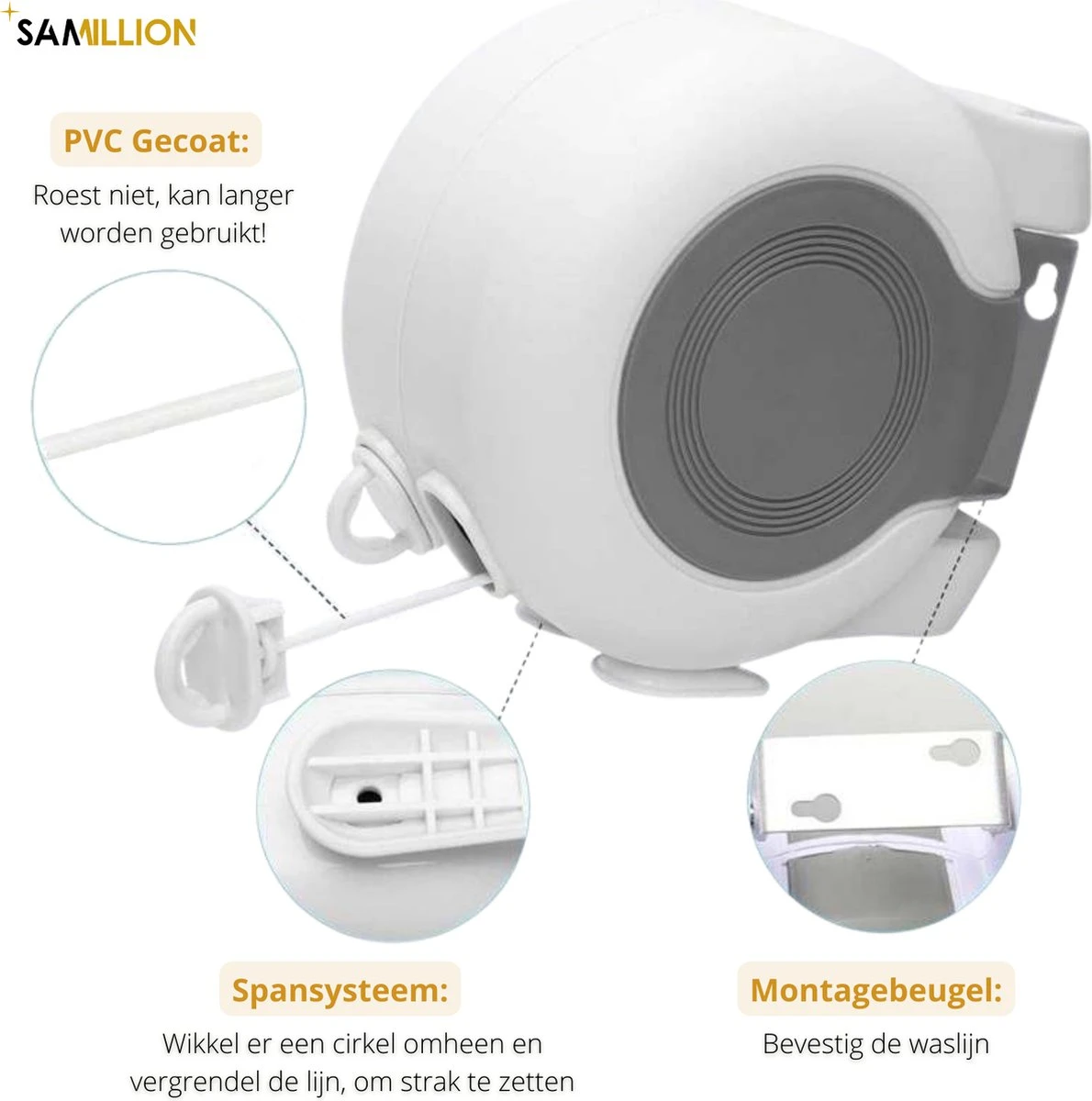 Samillion Duurzame Waslijn Uittrekbaar 2x13 Meter - Gratis Wasknijpers - Waslijndraad - Roldrooglijn - Drooglijn Oprolbaar - Automatische Waslijn - Wanddroogrek - Wanddroogrek - Droogrek 9 Samillion Duurzame Waslijn Uittrekbaar 2x13 Meter - Gratis Wasknijpers - Waslijndraad - Roldrooglijn - Drooglijn Oprolbaar - Automatische Waslijn - Wanddroogrek - Wanddroogrek - Droogrek - Afbeelding 9