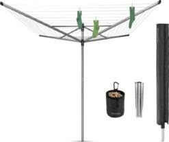 Brabantia Lift-O-Matic Advance Droogmolen Met Grondanker, Beschermhoes En Wasknijpertasje - 50 M - Metallic Grey