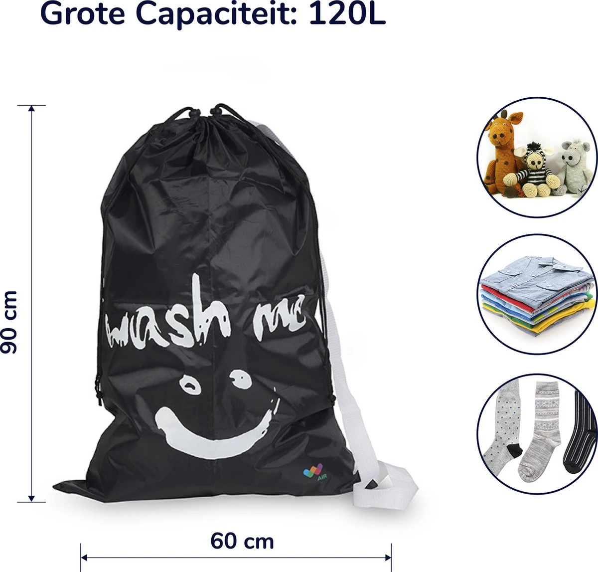 Wonair - Waszak Groot - 60x90cm - Zwart - Met Trekkoord En Draagband 7 Wonair - Waszak Groot - 60x90cm - Zwart - Met Trekkoord En Draagband - Afbeelding 7
