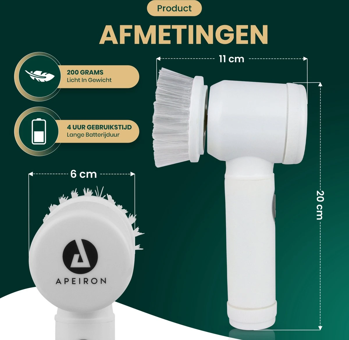 Apeiron Elektrische Schoonmaakborstel - Poetsmachine - Poliermachine - Schrobborstel - Handborstel - Werkborstel - Schrobber - Boorborstel - Wasborstel - Schoonmaakmiddelen - Reinigingsborstel - 3 Opzetstukken 5 Apeiron Elektrische Schoonmaakborstel - Poetsmachine - Poliermachine - Schrobborstel - Handborstel - Werkborstel - Schrobber - Boorborstel - Wasborstel - Schoonmaakmiddelen - Reinigingsborstel - 3 Opzetstukken - Afbeelding 5