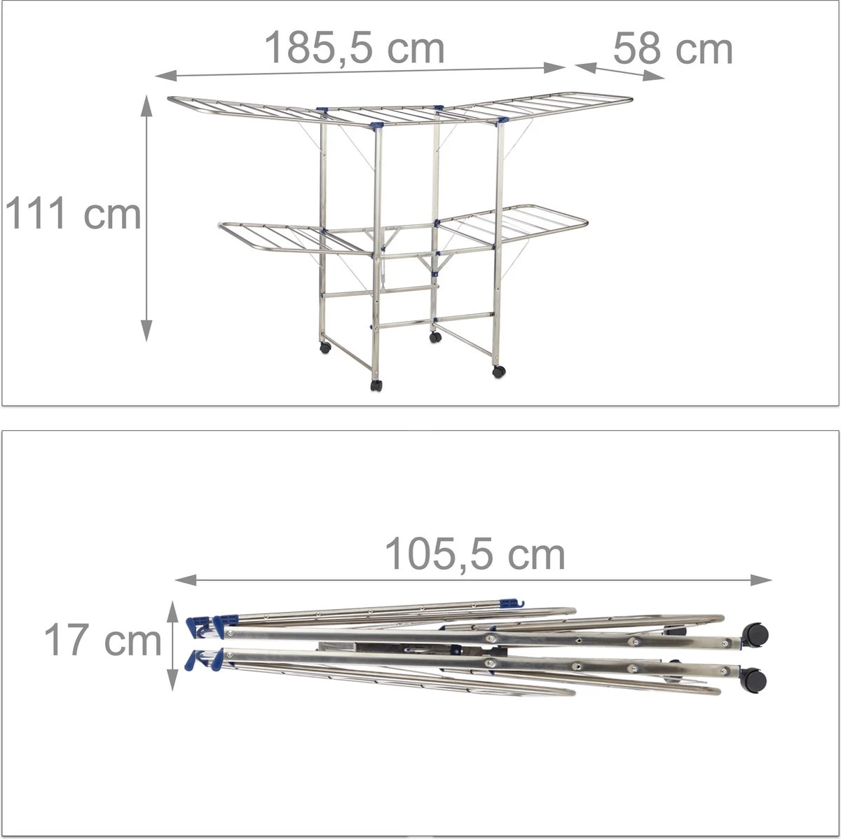 Relaxdays Droogrek XXL - Droogtoren Vouwbaar - Wasrek Op Wielen - Vleugels - Zilver 4 Relaxdays Droogrek XXL - Droogtoren Vouwbaar - Wasrek Op Wielen - Vleugels - Zilver - Afbeelding 4