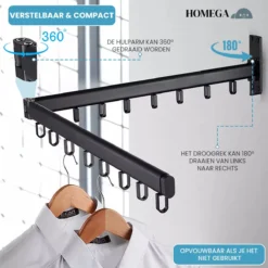 HoMega Wanddroogrek - Droogrek Muur - Inklapbaar - Kledingstang - Kledingrek - Wasrek Muur - Wasrek - Zwart -Schoonmaakmiddelen 1200x1199 64