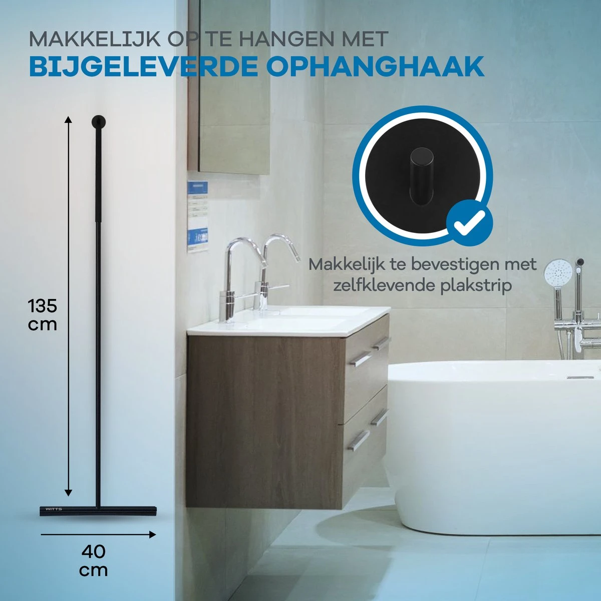 WITTS Luxe Douchewisser - Roestvrij - Vloertrekker Met Steel - Zwart - Vloerwisser Badkamer 3 WITTS Luxe Douchewisser - Roestvrij - Vloertrekker Met Steel - Zwart - Vloerwisser Badkamer - Afbeelding 3