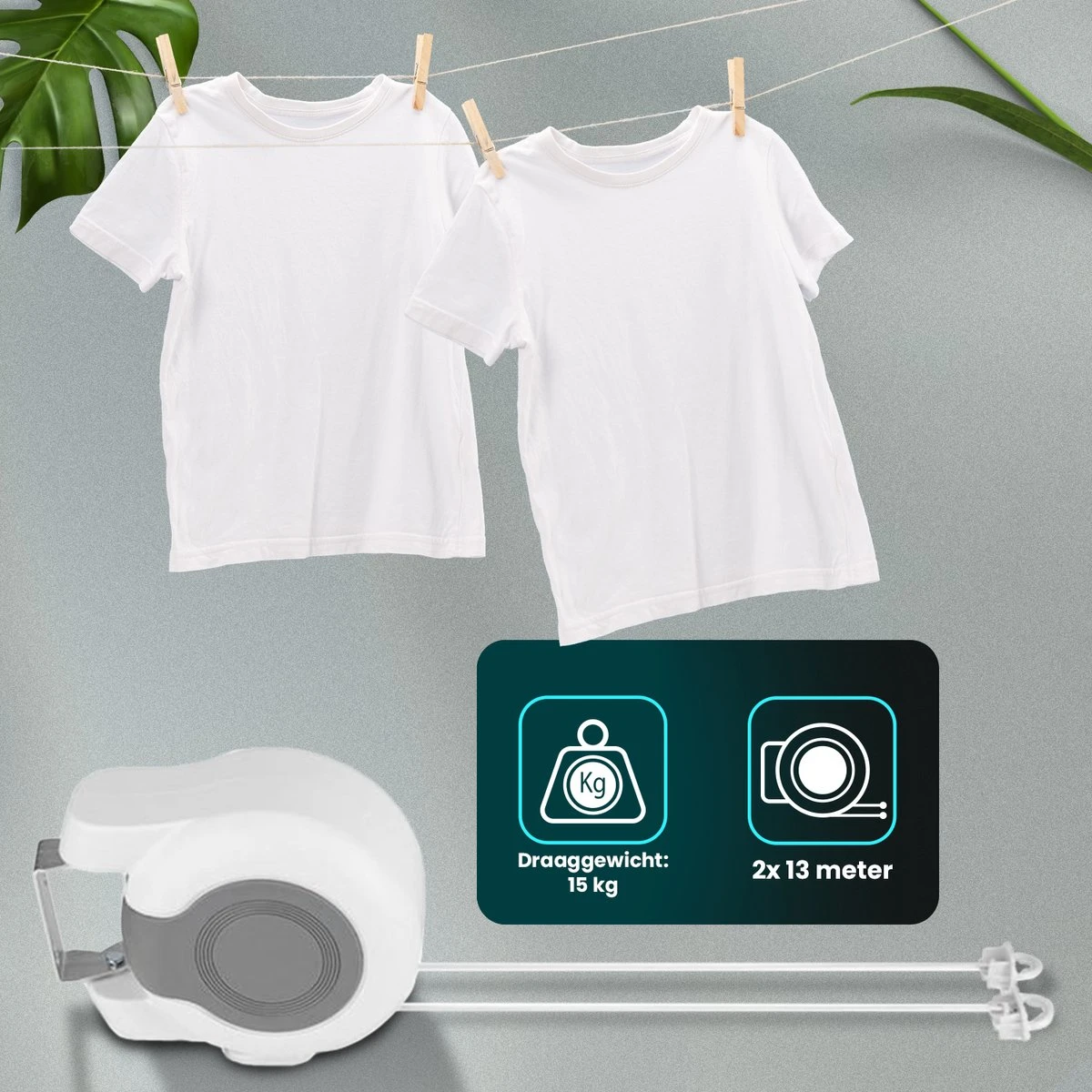 Waslijn Uittrekbaar - 26 Meter Drooglengte - 2x Waslijndraad Voor Binnen & Buiten - Wasdraad - Roldrooglijn - Alternatief Voor Wasrek / Droogrek / Wanddroogrek - Drooglijn Oprolbaar 2 Waslijn Uittrekbaar - 26 Meter Drooglengte - 2x Waslijndraad Voor Binnen & Buiten - Wasdraad - Roldrooglijn - Alternatief Voor Wasrek / Droogrek / Wanddroogrek - Drooglijn Oprolbaar - Afbeelding 2