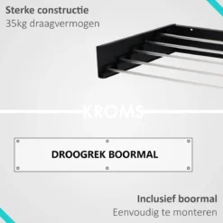 KROMS Wanddroogrek Zwart 100 Cm - MET BOORMAL - Droogrek Inklapbaar - Wasrek Hangend - Uitklapbaar - Muur - Ophangbaar - 6m Drooglengte -Schoonmaakmiddelen 1200x1200 1873