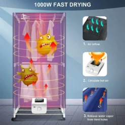 Uten - Draagbare Elektrische Wasdroger - Instorten Warme Luchtdroger - Dubbele Roestvrij Staal - 1000W - Grote Capaciteit 15 Kg - Met Timer 180 Min - 6 Versnellingen，stil - Multifunctioneel: Droger, Kast, Wasrek Blauw[Energieklasse A+++] -Schoonmaakmiddelen 1200x1200 1884