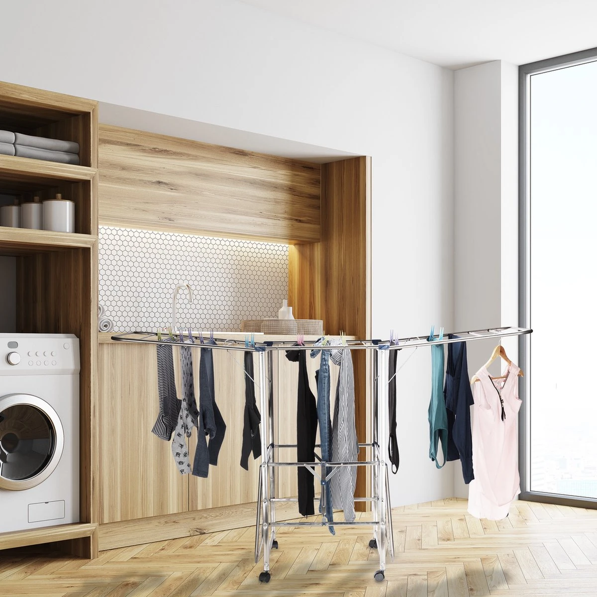 Relaxdays Droogrek XXL - Droogtoren Vouwbaar - Wasrek Op Wielen - Vleugels - Zilver 2 Relaxdays Droogrek XXL - Droogtoren Vouwbaar - Wasrek Op Wielen - Vleugels - Zilver - Afbeelding 2