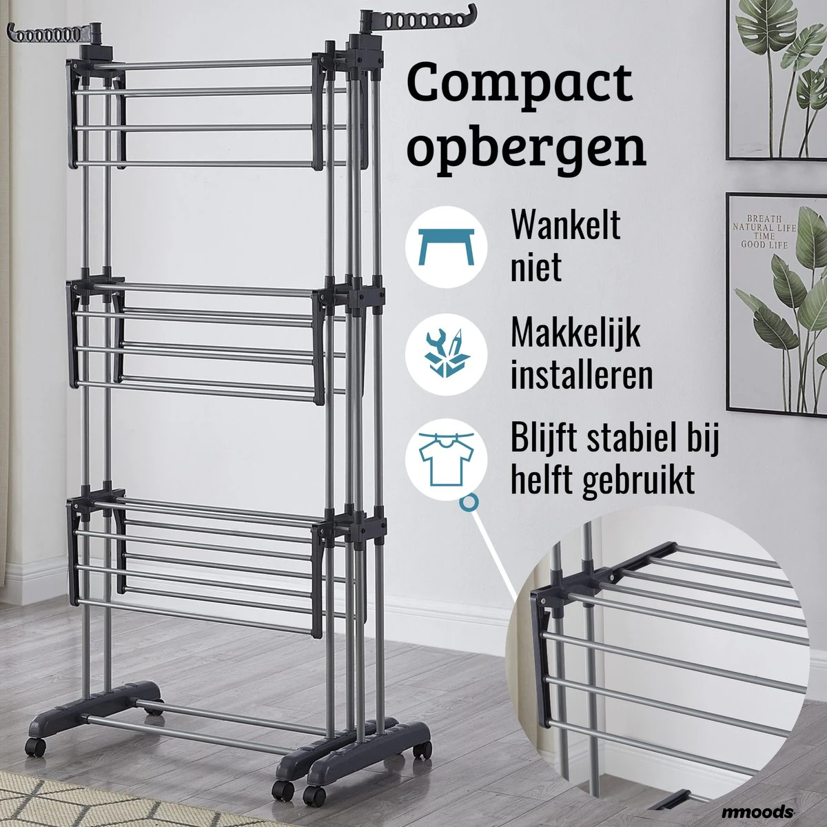 Mmoods Wasrek Inklapbaar - Droogtoren 4 Verdiepingen Met Wieltjes - Droogrek 35m Grijs 3 Mmoods Wasrek Inklapbaar - Droogtoren 4 Verdiepingen Met Wieltjes - Droogrek 35m Grijs - Afbeelding 3