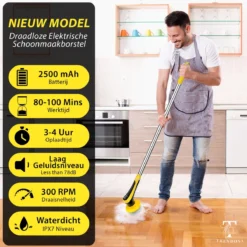 Trendosa Elektrische Schoonmaakborstel - Elektrische Schrobborstel - Poetsmachine - Handborstel - Scrubber- De Badkamer/Keuken/Auto- 10 Opzetstukken Geel -Schoonmaakmiddelen 1200x1200 2071