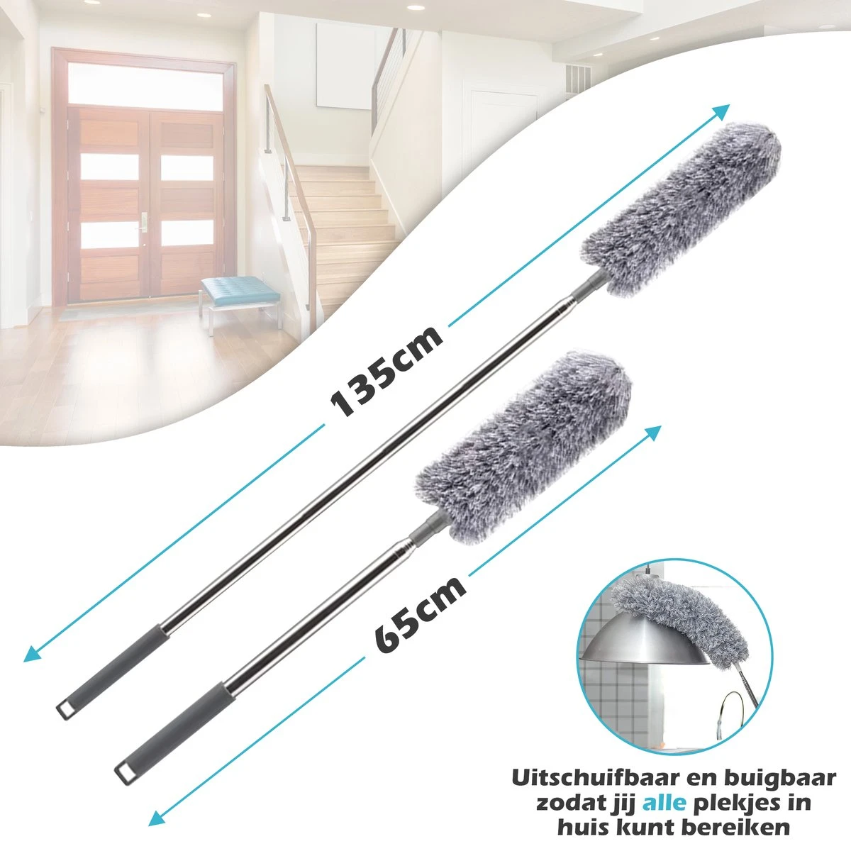 JUST23 Plumeau Uitschuifbaar Met Telescoopsteel – 60 Tot 140 Cm – Ragebol – Stoffer – Duster – Grijs – Incl. Microfiber Doek 4 JUST23 Plumeau Uitschuifbaar Met Telescoopsteel – 60 Tot 140 Cm – Ragebol – Stoffer – Duster – Grijs – Incl. Microfiber Doek - Afbeelding 4