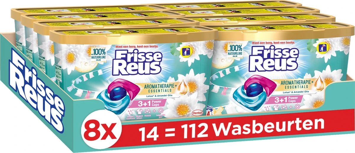 Frisse Reus Power Caps Lotus Amandel Wascapsules - Wasmiddel Capsules - Voordeelverpakking - 8 X 14 Wasbeurten 1 Frisse Reus Power Caps Lotus Amandel Wascapsules - Wasmiddel Capsules - Voordeelverpakking - 8 X 14 Wasbeurten
