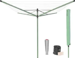 Brabantia Lift-O-Matic Droogmolen Met Metalen Grondanker, Beschermhoes, Wasknijpertasje En Wasknijpers - 50 M - Leaf Green