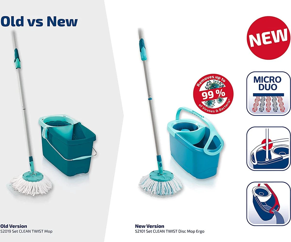 BERKATMARKT - Leifheit Set Clean Twist Disc Mop Ergo Wastafels, Emmer En Dweil, Eenvoudig Te Bedienen, Microvezel Mop En Telescoopsteel 3 BERKATMARKT - Leifheit Set Clean Twist Disc Mop Ergo Wastafels, Emmer En Dweil, Eenvoudig Te Bedienen, Microvezel Mop En Telescoopsteel - Afbeelding 3