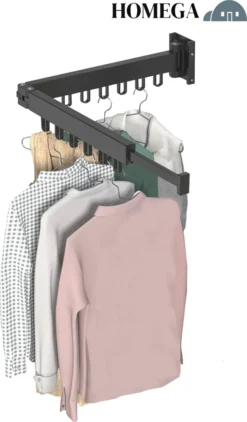 HoMega Wanddroogrek - Droogrek Muur - Inklapbaar - Kledingstang - Kledingrek - Wasrek Muur - Wasrek - Zwart